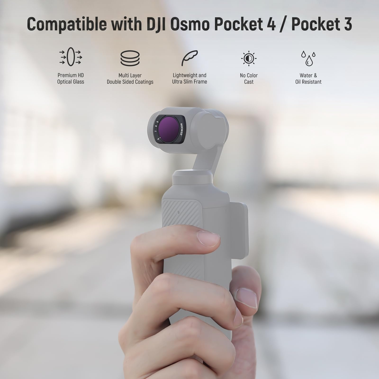 Neewer Zmienny filtr ND2-32 kompatybilny z DJI Osmo Pocket 3, magnetyczny 1-5 ograniczonych przystanków, regulowany filtr ND, akcesoria do kamer sportowych, szkło optyczne HD, zawiera 2 osłony ekranu