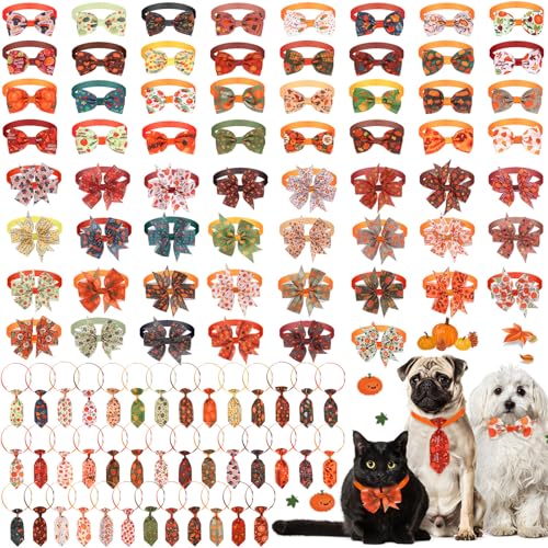 Hosuly 100 Pcs Fall Thanksgiving Day Dog Collars Bow Ties Set Include Holiday Dog Neckties Puppy Bowties Basic Collar Flowers Autumn Adjustable Pet Ties Grooming for Small Medium Cats Pets Supply