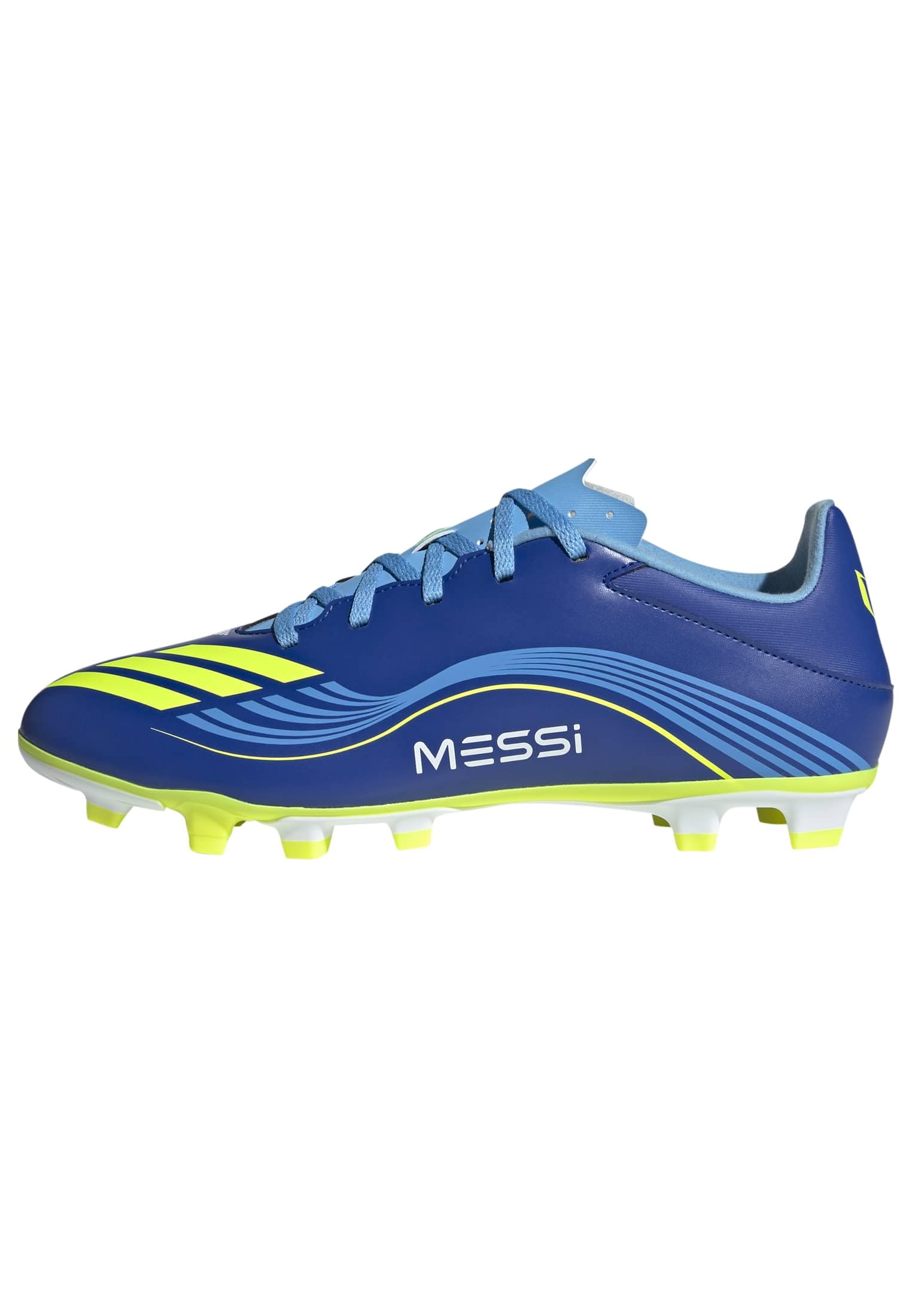 Adidas Unisex F50 Messi Club Fußballschuhe für festen Boden/Multi Ground, Team Royal Blue Solar Yellow Semi Blue Burst, 12 UK Men/ 12.5 UK Women