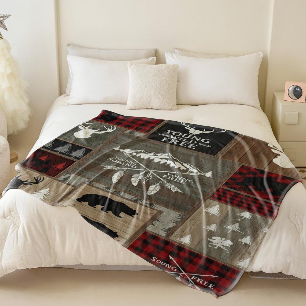 Flanelldecke, kariert, Wildnis, bedruckt, warmes Vintage-Tier-Design, Überwurfdecke für Sofa und Bett, gemütliche Decke für Zuhause und Outdoor-Camping (02 x 200 cm)