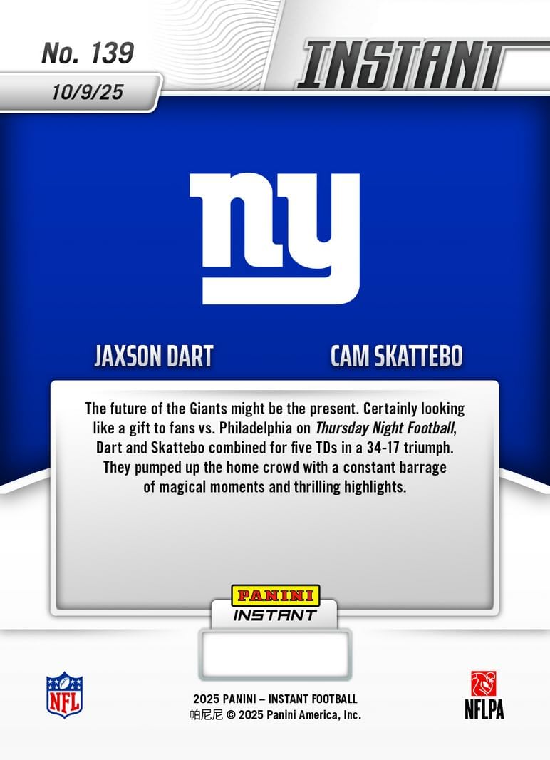 2025 Panini Instant NFL Jaxson Dart/Cam Skattebo #139 Rookie Duo Exudes Energy & Excitement New York Giants Rookie RC Football Card