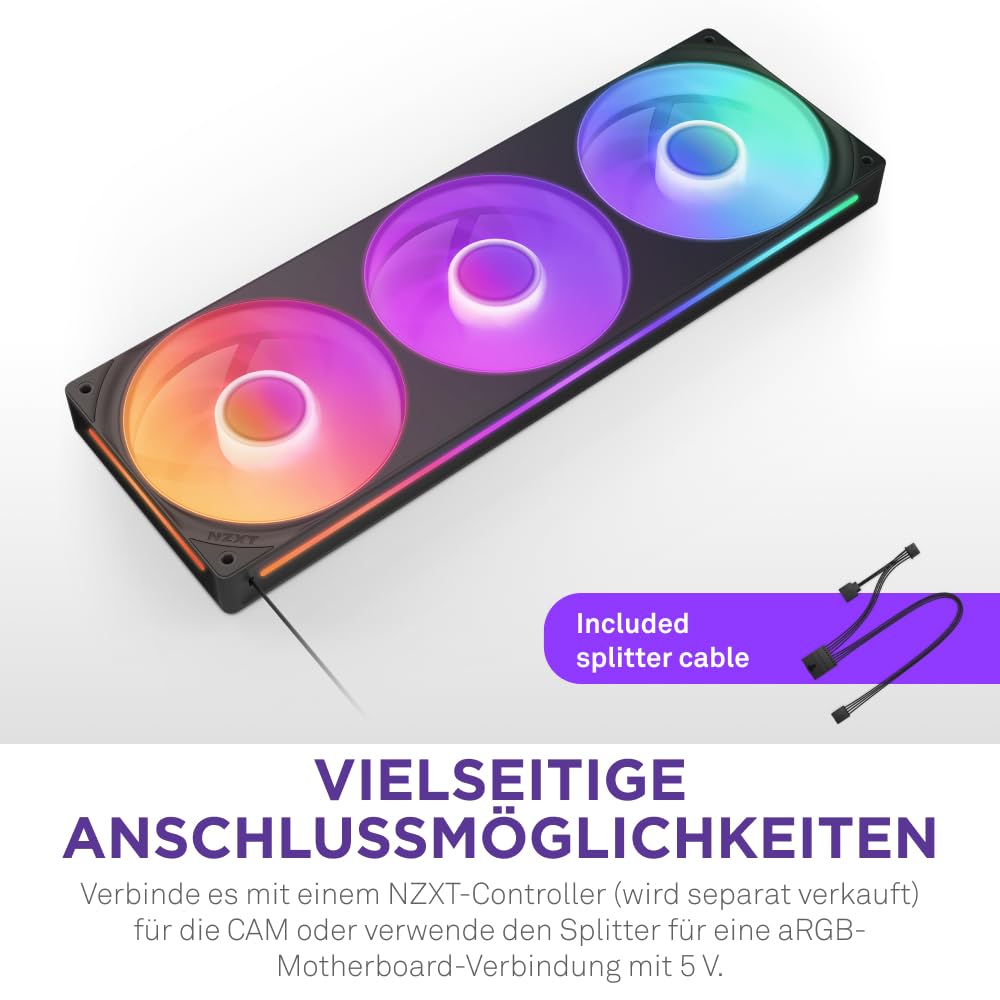 NZXT F360 RGB Core - 360 mm Einzelrahmen-Lüftereinheit mit 3 x 120 mm RGB-Lüftern - Drehzahl- und Beleuchtungssteuerung - Hoher statischer Druck und Luftstrom - 8 aRGB-LEDs pro Lüfter - Schwarz
