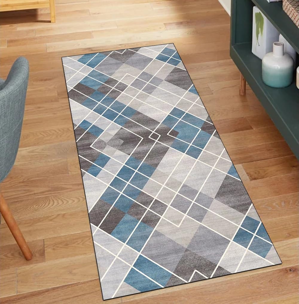 Alfombra de cocina moderna gris y azul de 80x280 cm, alfombra pasillera de poliéster lavable