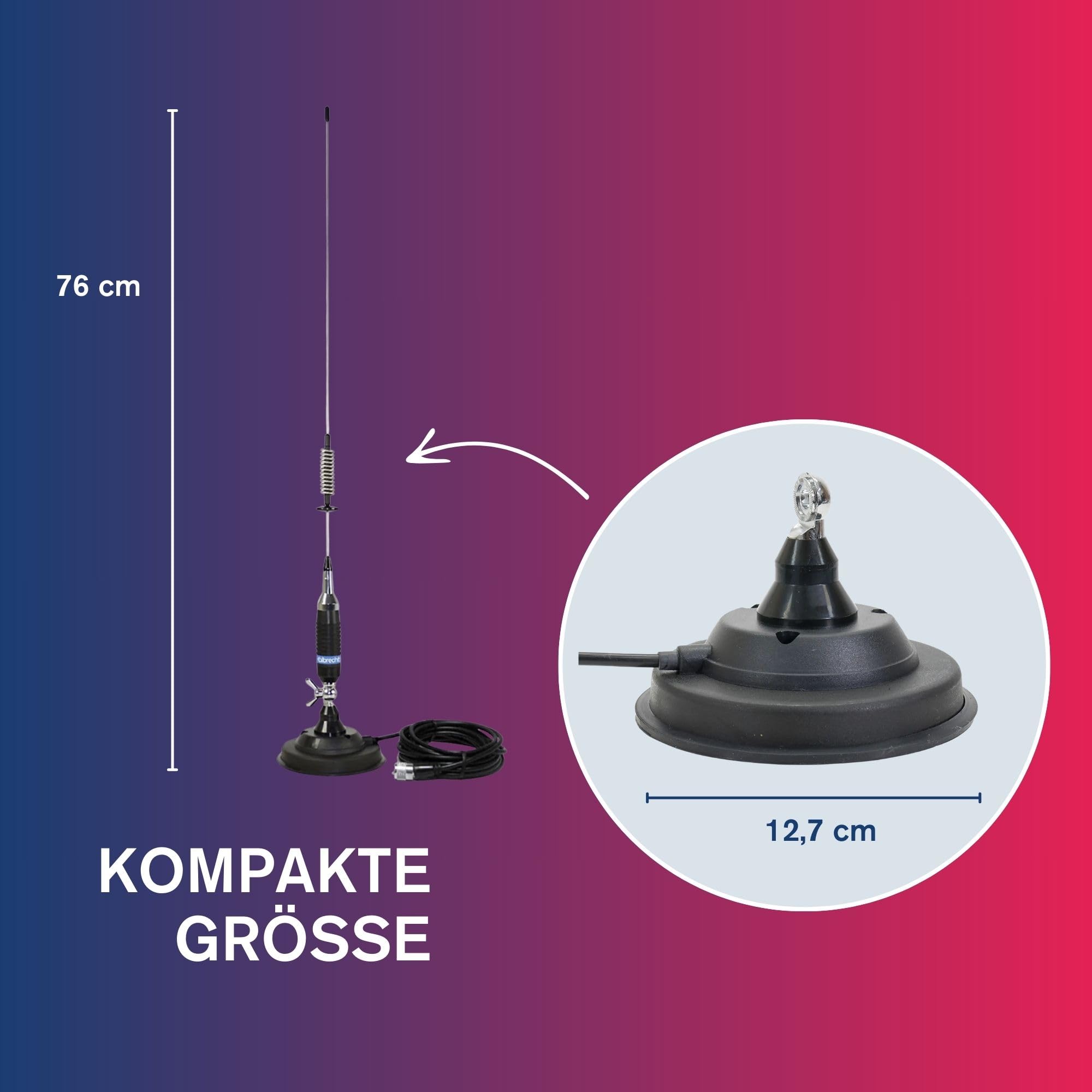 Albrecht S75 CB-Funk Antenne, Mobil-Antenne mit Magnetfuß 127 mm, 76 cm Gesamt-Länge, Komplett-Set inkl. 4 m Kabel & PL-Stecker, neigbar, aus Edelstahl