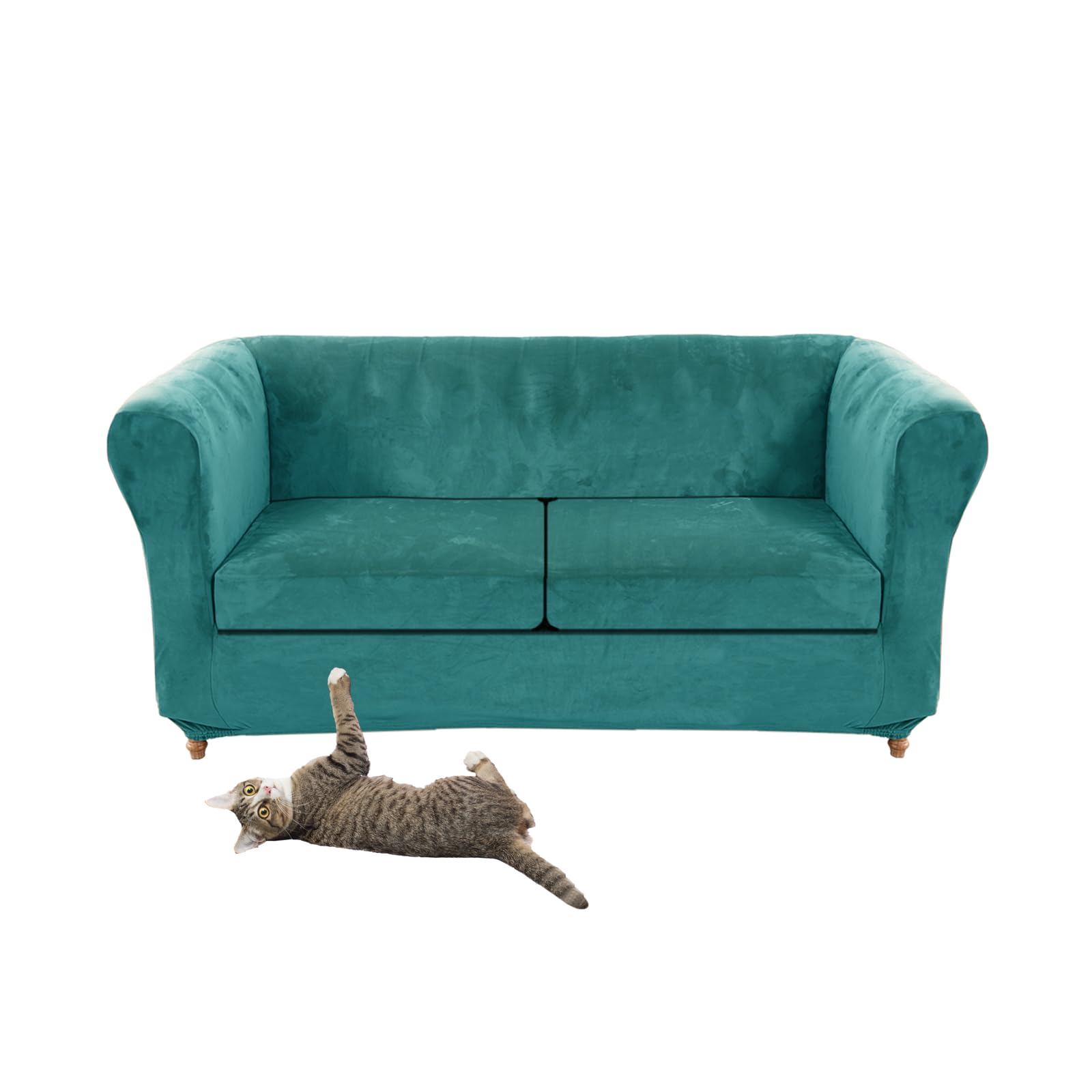 SYLC Stretch Velvet Chesterfield Sofa Cover, Couch Cover with Seat Cushion Cover for Curved Settee Armchair Vintage Style (Teal,Love+2 Large Seats)