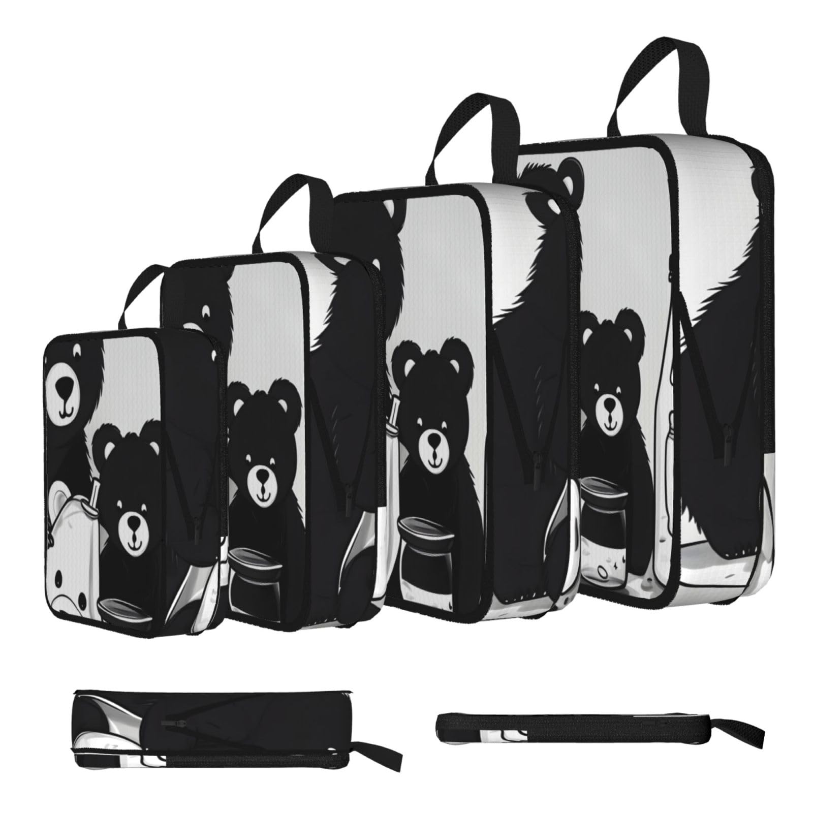 Sxzvvbn Black Cute Milk Bottle Bear Compression Packing Cubes 4 Piece Set