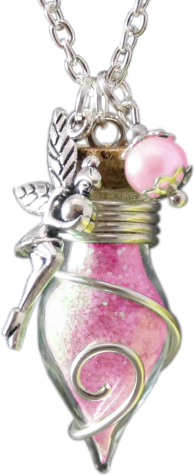 Katharina Fairytale Lucky Charm Vial of the Light Fairy Pink Glow in the Dark Pendant on Necklace Talisman Amulet Girls Ladies Women Glass Bottle with Pink Fairy Dust Pendant