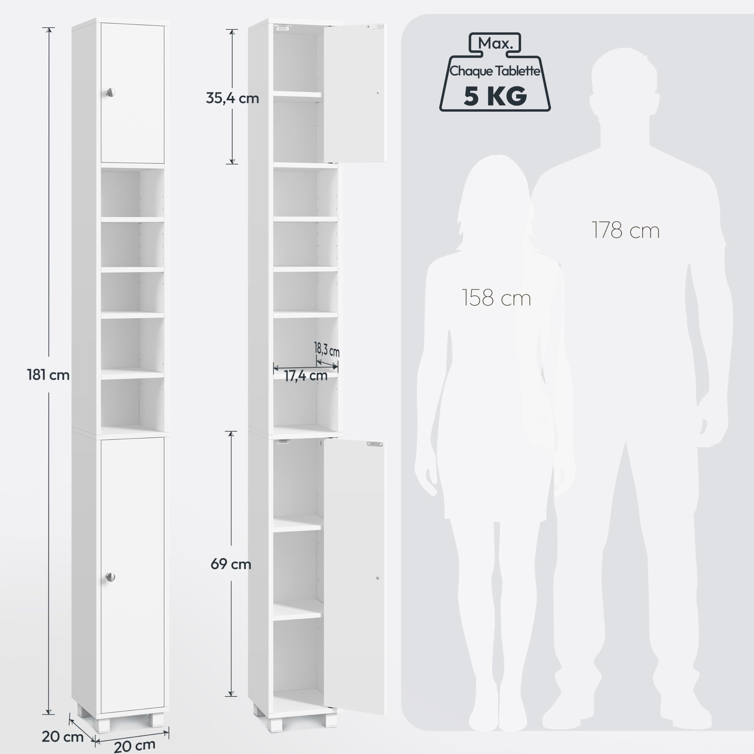 Abician Meuble Colonne Salle de Bain 20 cm - Armoire de Rangement Étroite avec Tiroir et Étagères Réglables - Meuble Salle de Bain Compact pour WC, Blanc, 20x20x180cm