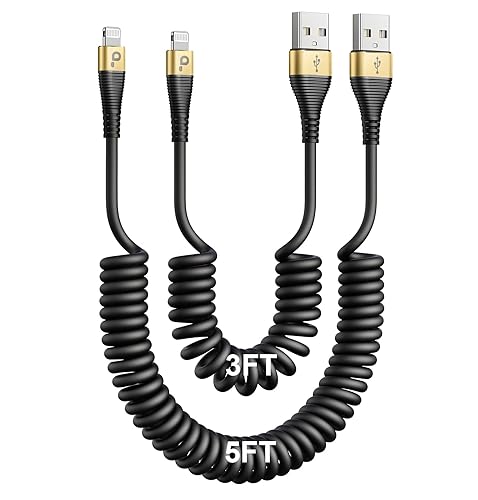 Cable de carga de iPhone para automóvil (3 pies5 pies), paquete de 2 cables Lightning en espiral, certificado MFi de Apple, cable de carga corto