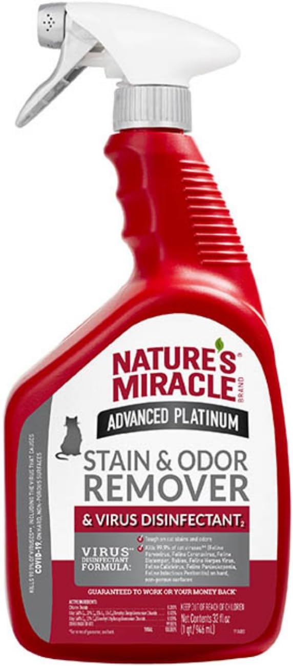 Nature's Miracle JFC Advanced Platinum Stain & Odour Remover for Cats, Enzymatic Formula for Tough Cat Messes, Feces, Vomit, Blood, Trigger Spray - 946ml