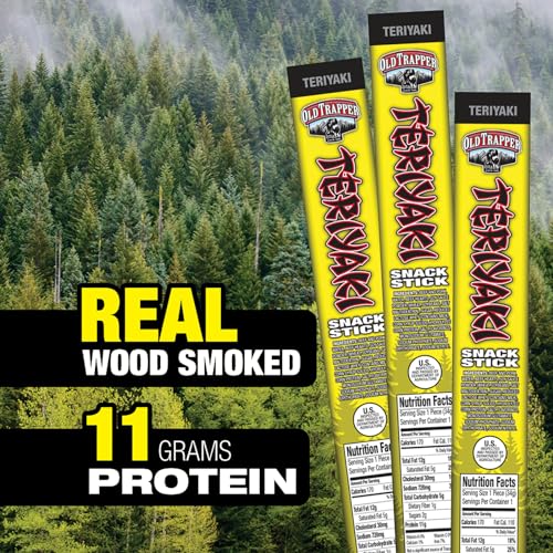 Image of Old Trapper Teriyaki Snack Sticks, 1.2-Ounce Individually Wrapped Packages, Natural Wood Smoked Meat Snacks, 11 Grams of Protein per Serving (Pack of 24)