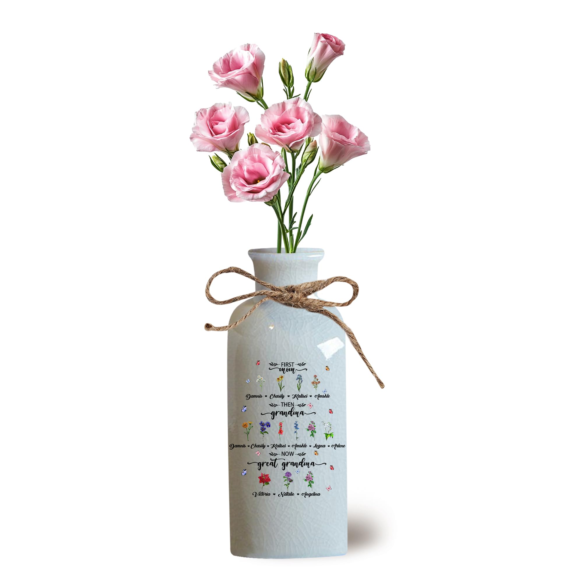 Personalized Ceramic Vase,Family Custom Home Decor Flower Vase with Name Birth Month Flower, for Mom Grandma