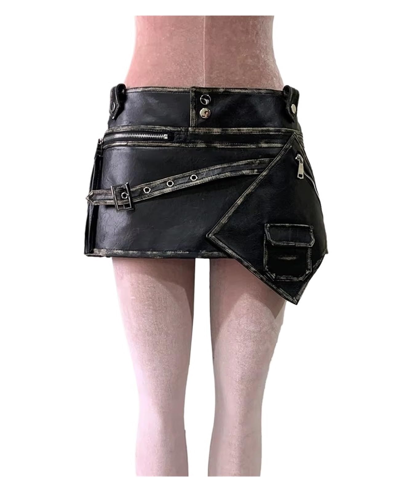 Faldas Mujer Minifalda asimétrica de Piel sintética Negra desgastada for Mujer, de Verano, de Cintura Alta, Corta, de diseñador de Lujo, Ropa EMO