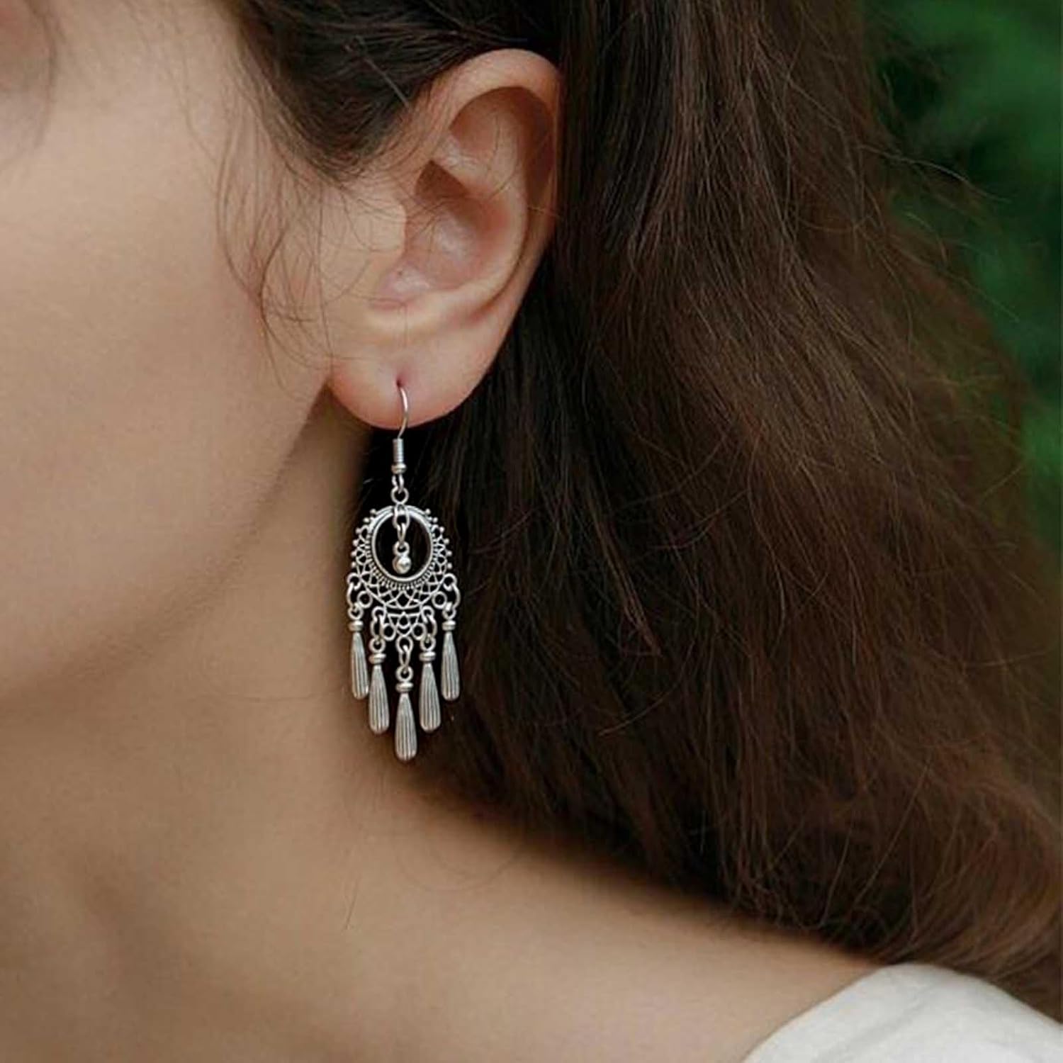 Bohemian Filigree Tassel Drop Earrings Silver Filigree Chandelier Earrings Tribal Teardrop Fringe Earring Gypsy Circle Dangle Earring Jewelry for Women - Image 5