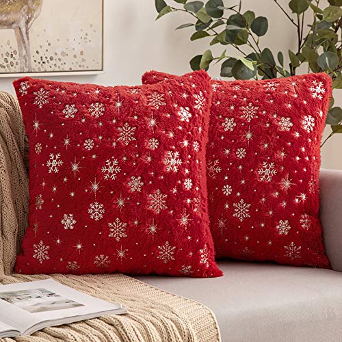 MIULEE Set of 2 Decorative Throw Pillow Covers, Soft Faux Fur Pillow Cases Covers with Silver Snowflake Glitter Printed Cute Pillowcases for Christmas Couch Sofa Bed Girls Room, 18 X 18 Inch, Red