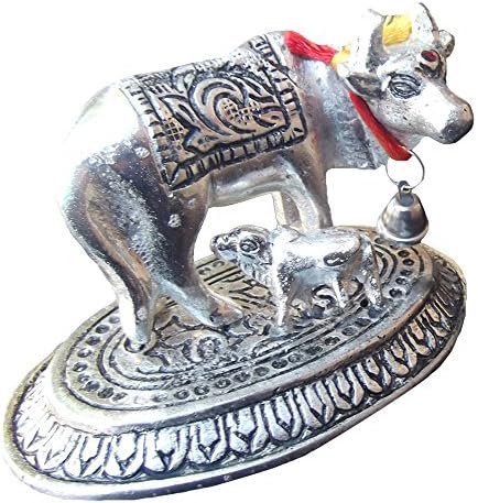 GAU MATA, COW & CALF IDOL STATUE, HINDU RELIGIOUS KAMADHENU COW ASTHADHATU HOME DECOR BEST FOR HOUSE WARMING AND RETURN GIFT, COW AND CALF, SILVER IMITATE ( 3.5 X 2.5 X 2 .0 INCHES)