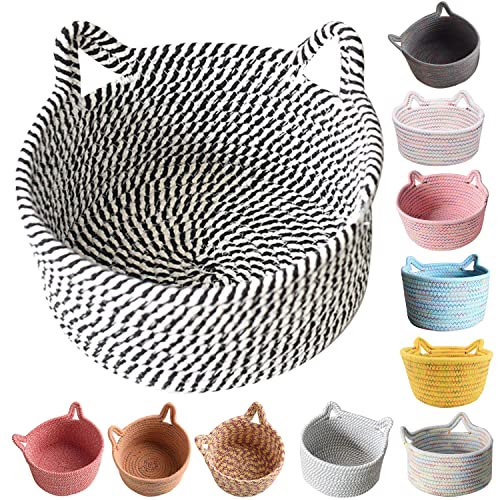Image of Small Woven Cotton Rope Basket Empty Decorate Gift Cute Storage Organizing Dog Cat Pet Toy Box Baby Nursery Clothes Sock Changing Table Bathroom Closet Towel Shelf Desk Little Mini Boho Bin