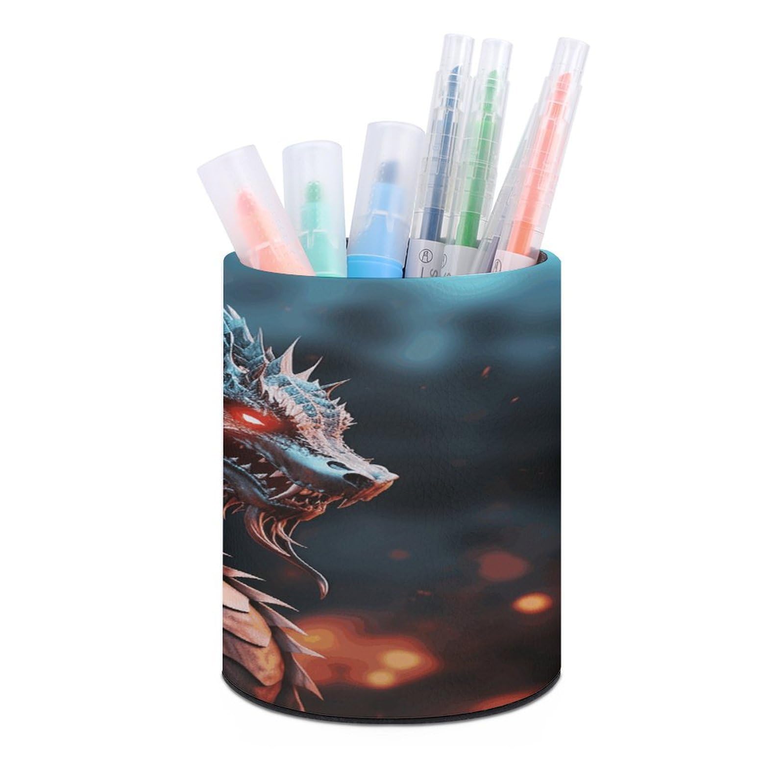 VstaDank Dragon Pen Holder PU Leather Pencil Cup Minimalist Desk Pencil Holder Round Make Up Brush Organizers For Office Dorm Room&Vanity Desk Accessories
