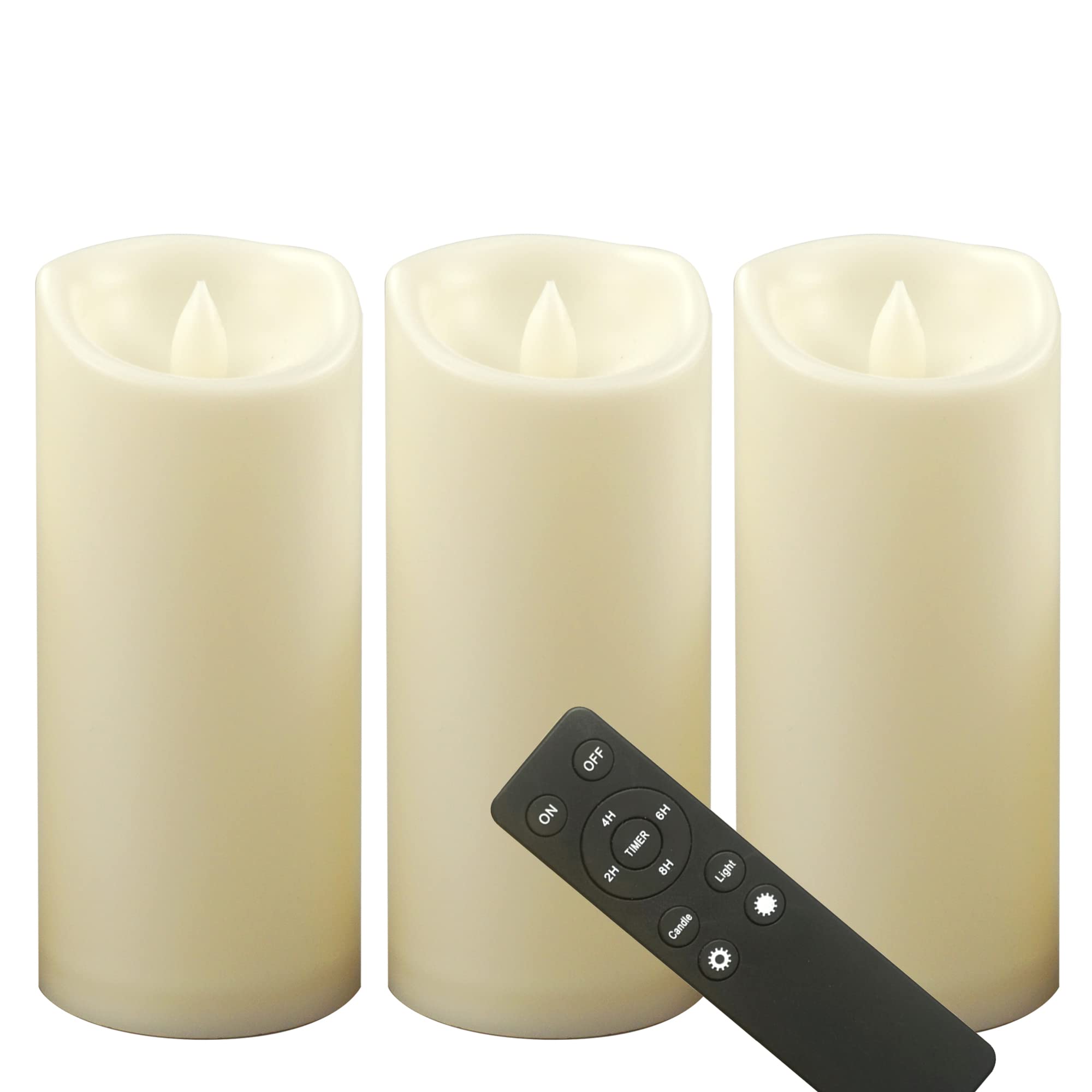 CANDLE CHOICE Outdoor Battery-Operated Flameless Candles with Remote Timer Waterproof Flickering Plastic Electric LED Pillar Lights for Lantern Patio Garden Wedding Halloween Christmas 3”x7” 3 Pack