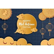Leyiyi Mid-Autumn Festival Backdrop 5x3ft Polyester Photography Backdrop Full Moon Golden Clouds Moon Cake Chinese Traditional Style Lanterns Family Friends Party Backdrop