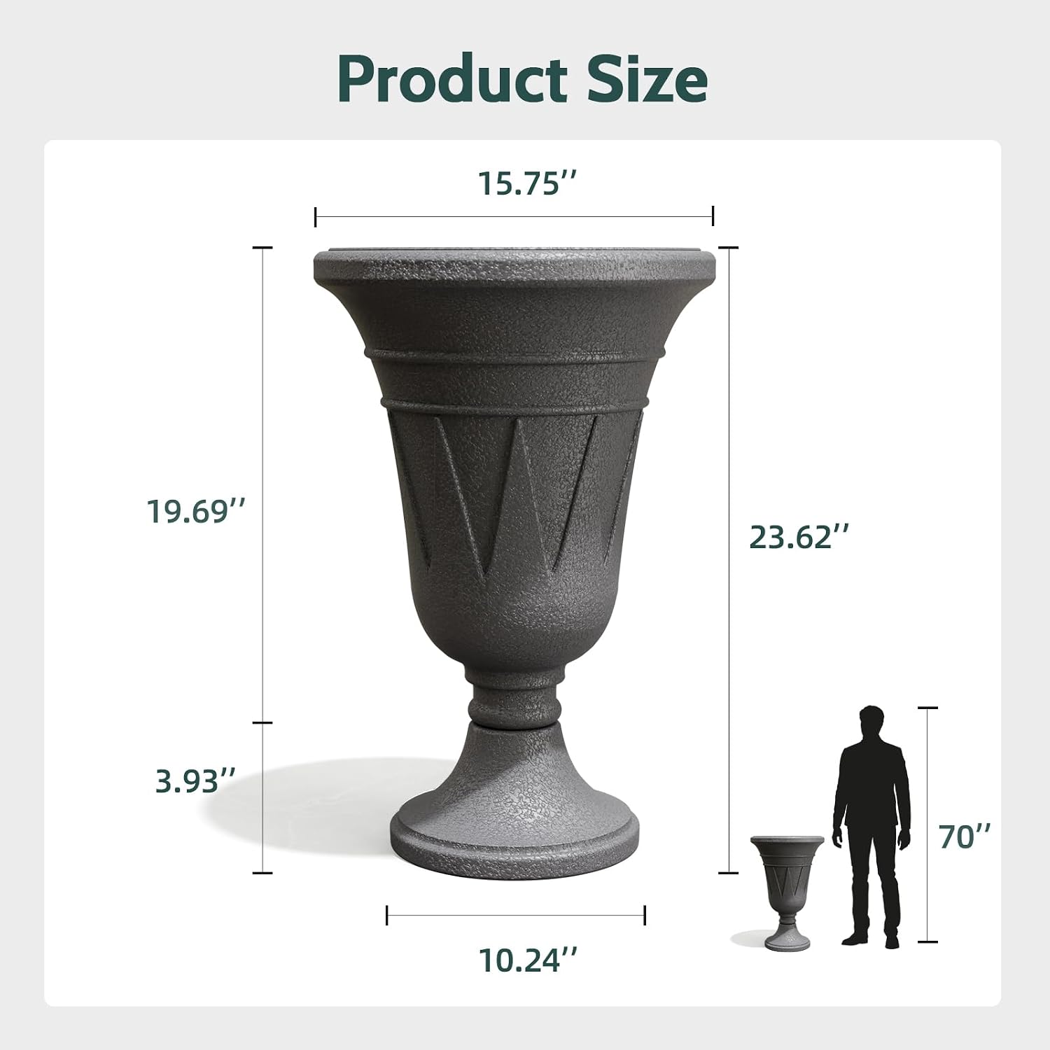 23.6" Tall Plastic Urn Planters for Outdoor Plants, Set of 2 Heavy-Duty Classic Indoor Large Flower Pots with Drainage Holes & Trophy Design, Outdoor Planters for Porch, Home Garden, Dark Grey
