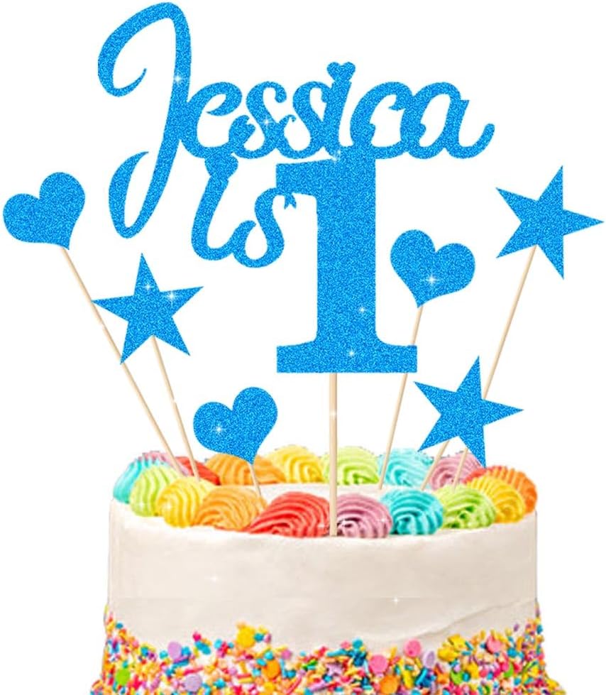 1st Birthday Cake Topper | Personalised 1 2 3 Cake Topper | Happy Birthday Decorations | Double Sided Glitter Card Any Name Age Customized - Multicolour Glitter Cake Decoration(Blue)