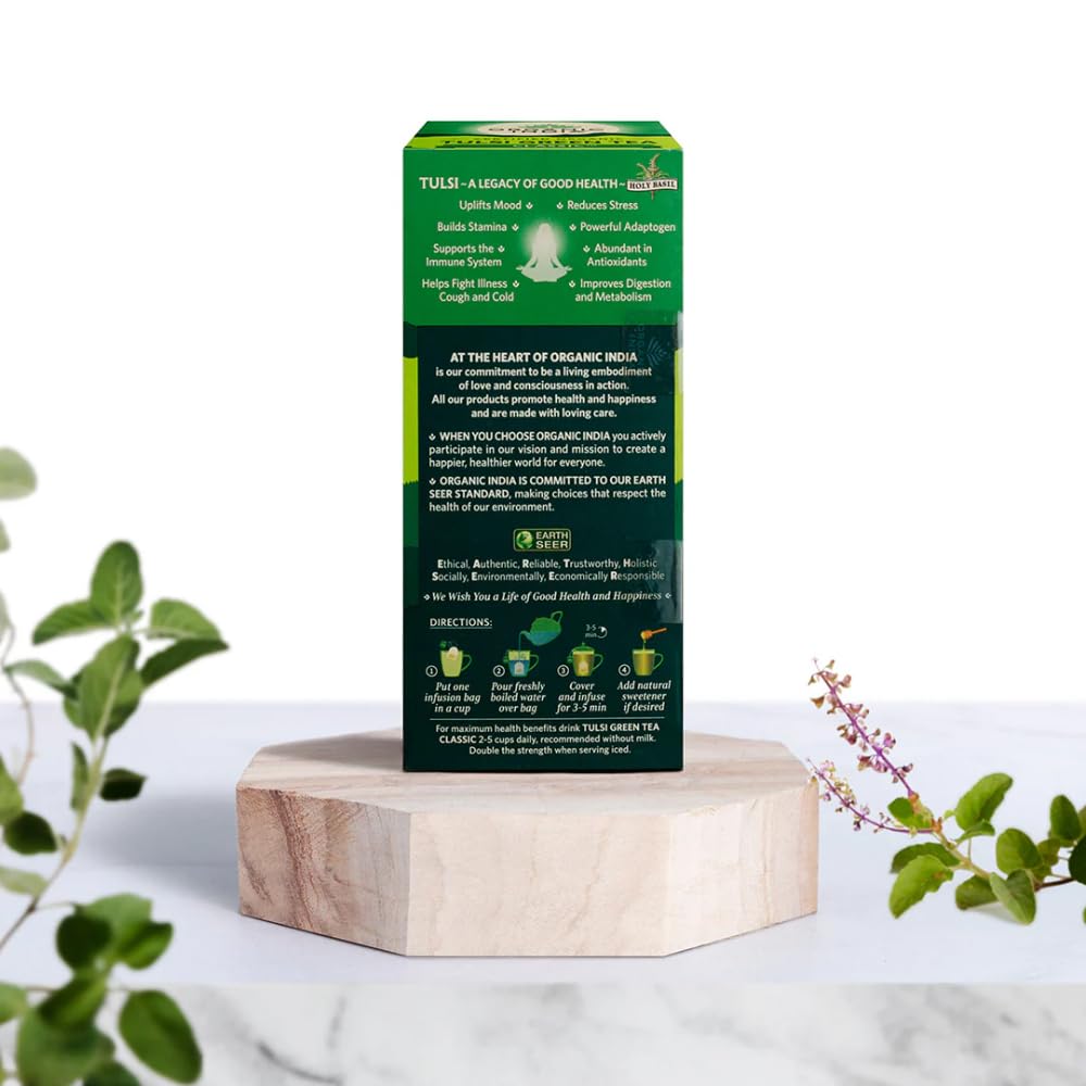 A TATA Product - Organic India Tulsi Green Tea Classic - 25 Tea Bags, Uplifts Mood, Rich in Antioxidants, Blend of Rama, Krishna & Vana Tulsi, Certified Organic (Pack of 3) product image 6