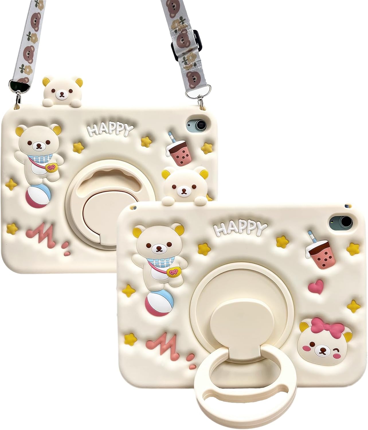 Kids Case for iPad (A16) 11th 11inch 2025/10.9''(10th Generation) 2022,for Boys Girls,Cute Bear Tablet Case with Pencil Holder&Strap,Shockproof Silicone&Rotatable Kickstand(White)