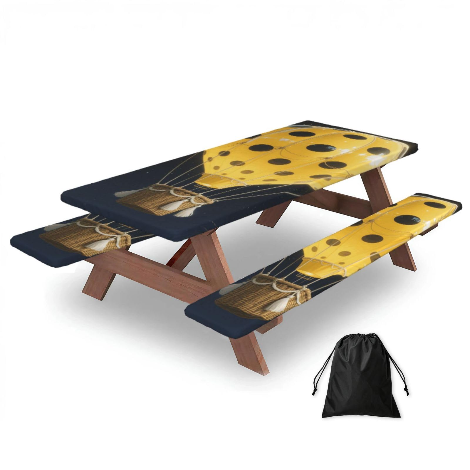 FekiLoot Yellow Balloon Picnic Table Cover with Bench Covers and Bag, Windproof Waterproof Rectangle Tablecloth with Elastic Edges Fitted Camping Table Covers for Picnic Party Travel