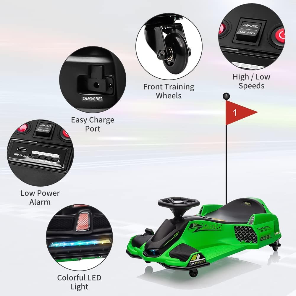 24V Ride on Drift Car,7Ah Battery 180W Brushless Motor Kids Electric Drifting Go-Kart for Rider up to 110 lbs, with Music,Front+Tail LED Light,Low-Power Alarm(Green)