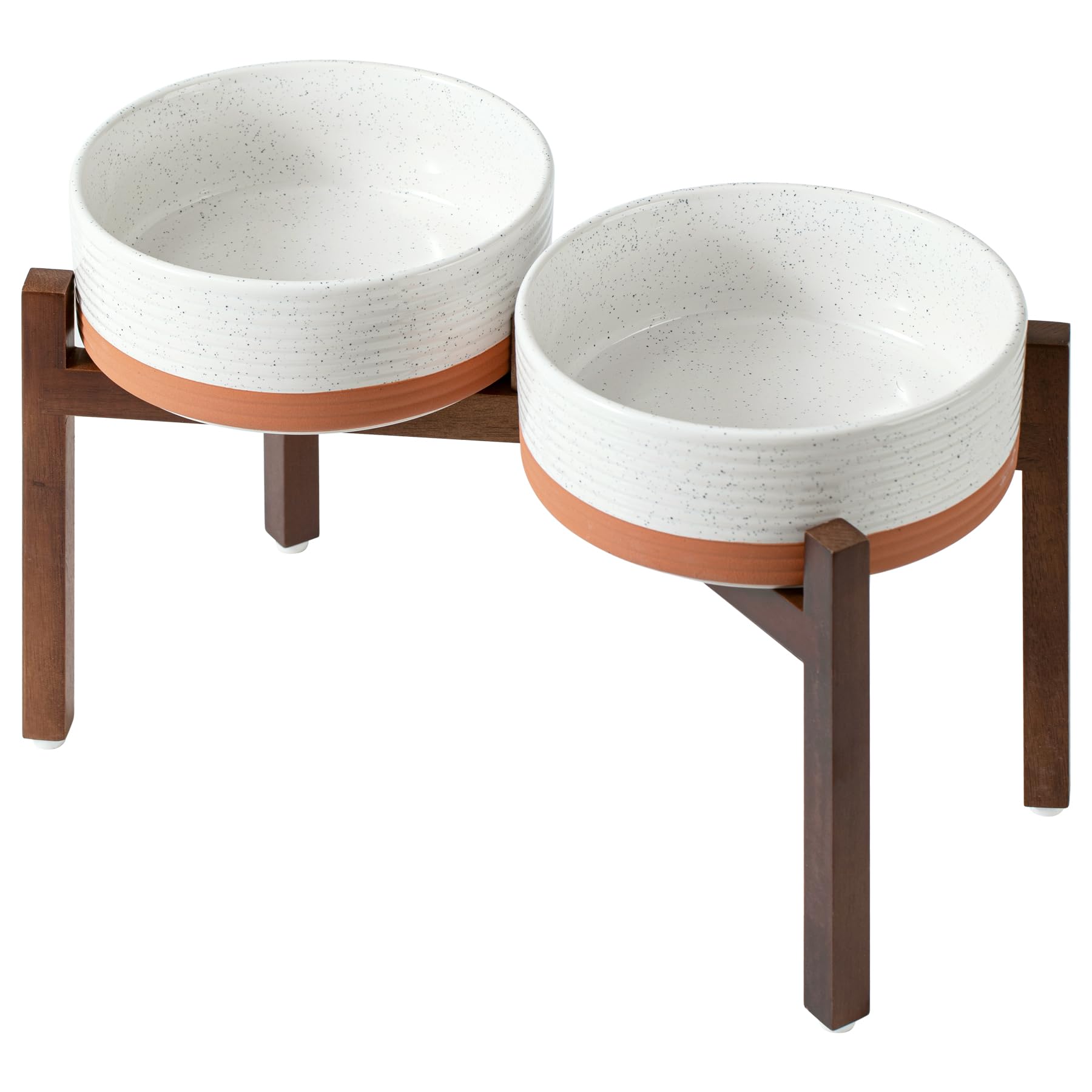 Havniva Ceramic 8.2inch Raised Double Dog Bowls Set with Acacia Wood Stand, Food & Water Bowls for Large Breed Dogs, Weighted Pet Dishes(60oz, Vanilla