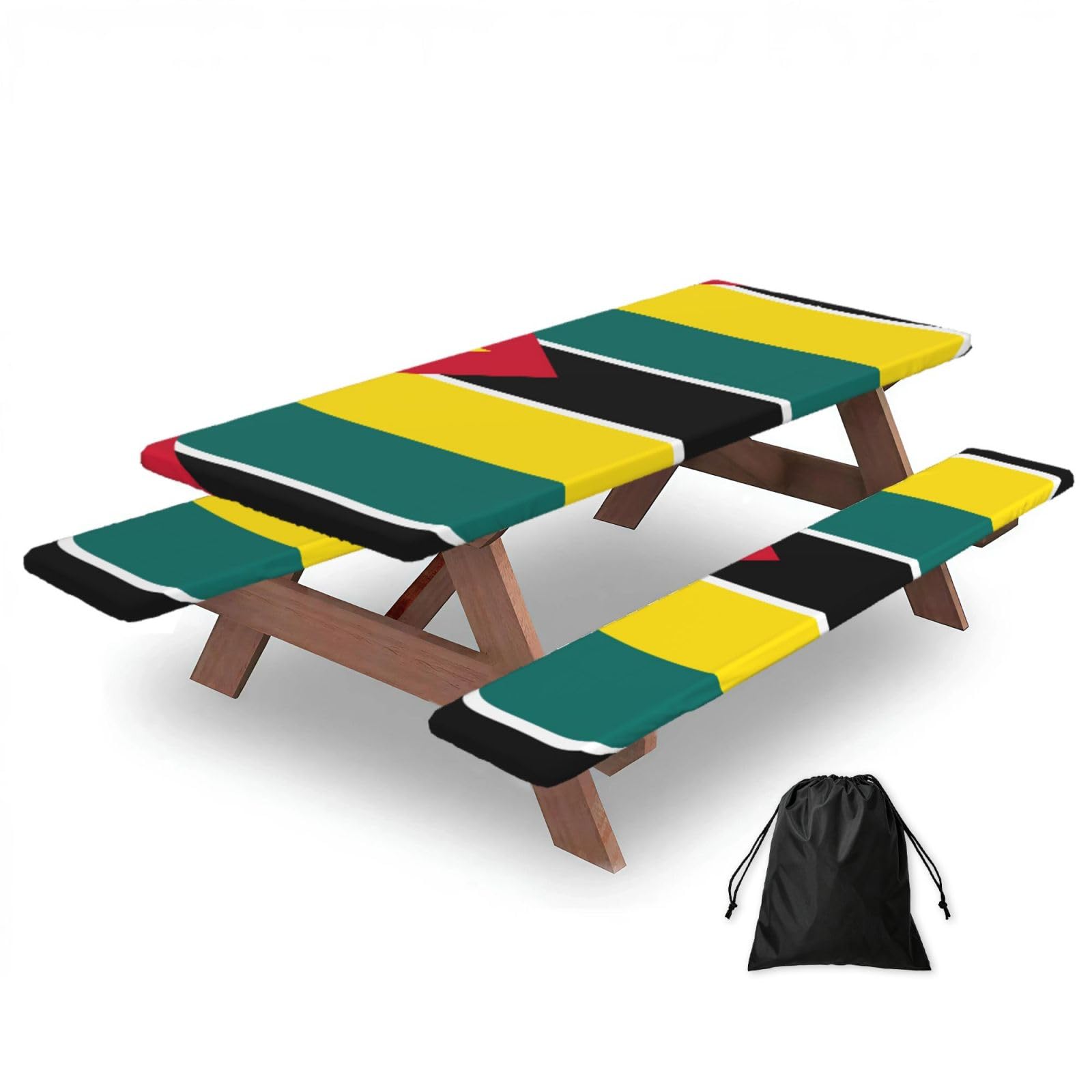 Hhbiuuo Black 72In Camping Table Cover & Bench Covers 3-Pack Set, Flag Of Mozambique Print Tablecloths, For Rectangle Tables Picnic