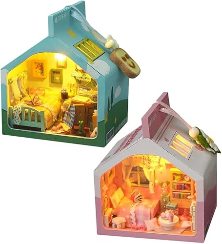 Kit de casa de muñecas en miniatura de 2 piezas, kit de modelo de casa de muñecas de madera en miniatura con luz LED para adolescentes y adultos