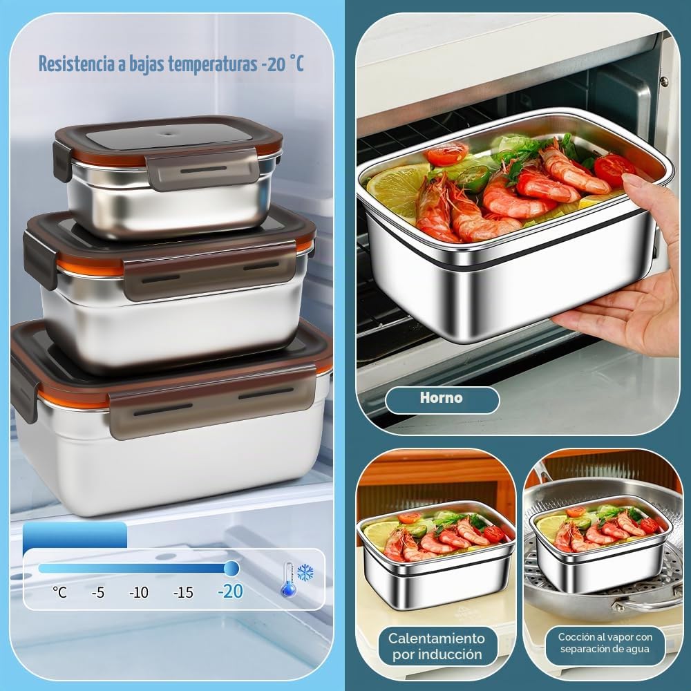 4 PCS Recipientes de Acero Inoxidable 550/1100/1900/3500 ml, Fiambrera de Acero Inoxidable Hermetica con Tapa, Contenedores Comida para Congelador para Cocina Trabajo -Aptas para Lavavajillas