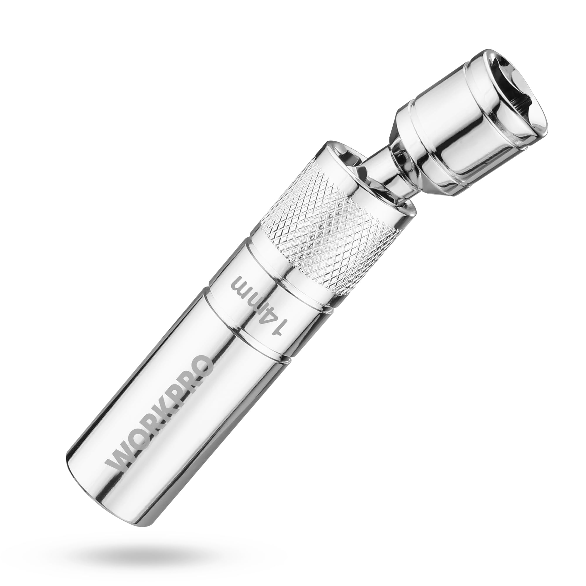 WORKPRO 14mm Magnetic Spark Plug Socket, 12-Point Universal Joint Swivel Thin Wall Spark Plug Removal Tool, 3/8" Drive x 100mm Flexible Spark Plug Puller for Car, Motorcycle, and Small Engine Repair