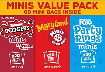 Fox Mini Biscuit Variety Pack 60 Count – Jammie Dodgers, Maryland Choc Chip & Party Rings Minis – Individually Wrapped Snack Packs – Kids Lunchbox, Party & Bulk Biscuits By ALLPICK STORE