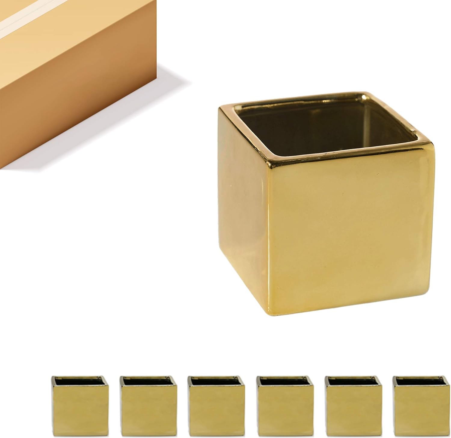 WGV Ceramic Cube Vase Bulk Width 5.5" Height 5" (Fits 5" Pot) Elegant Modern Block Square Floral Planter Terrarium Container Table Dresser for Event Accent Home Office Decor Gold 6 Pieces