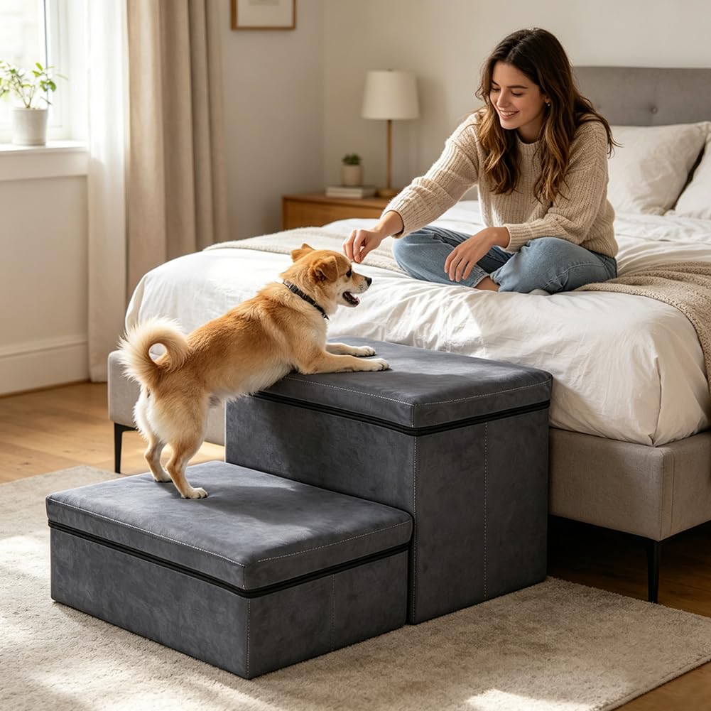 Scale per animali domestici, gradini per scale, con vano portaoggetti, pieghevole, portata massima 50 kg, scala per animali domestici per letto e divano (2 livelli)