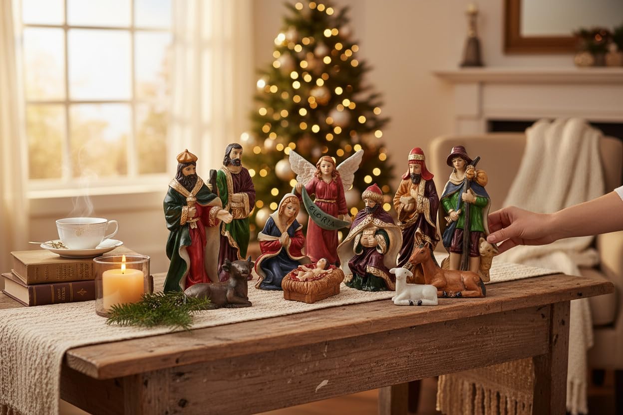 LS-LebenStil Krippenfiguren Set 11-teilig 5-10cm groß/hoch Weihnachten Krippe Maria Josef Jesus 11-teilig Deko traditionell Handbemalt Krippentiere Weihnachtsfiguren Weihnachts-Krippe