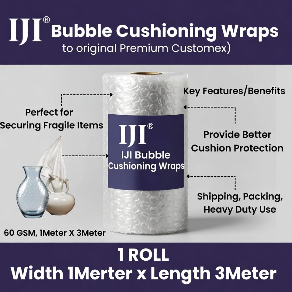 Image of IJI Bubble Wrap Heavy-Duty 60 GSM 1Meter x 3Meter Packing Material Roll 1 Meter Wide Moving and Cushioning for Fragile Items Multipurpose usage