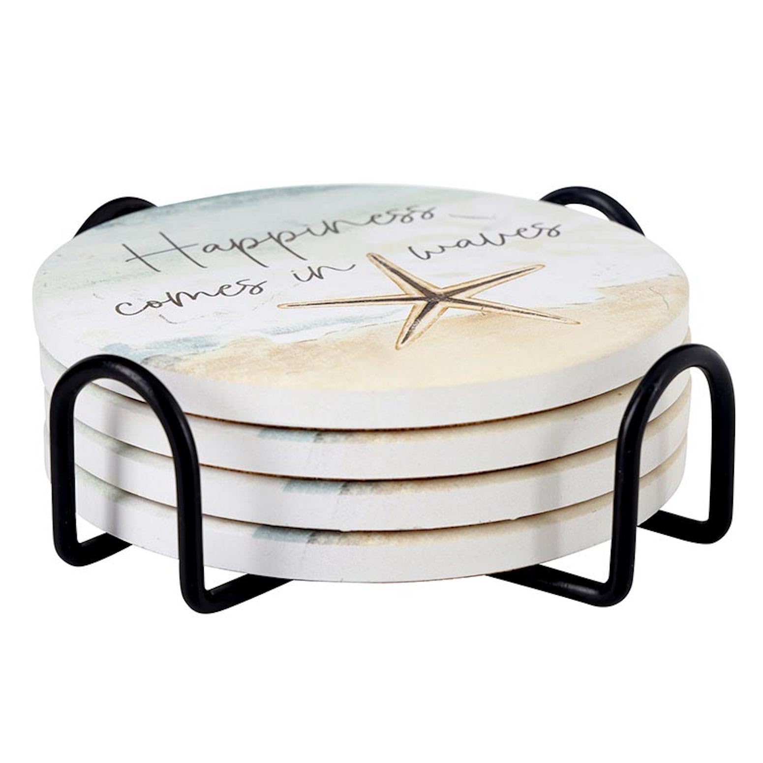 P. Graham Dunn Ceramic Coaster Set of 4, 4", Happiness Comes in Waves