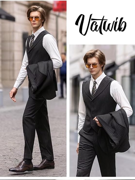 Men's Suits 3 Piece Pinstripe Tuxedo Suit for Wedding Groomsmen Slim Fit Formal Prom Tuxedo
