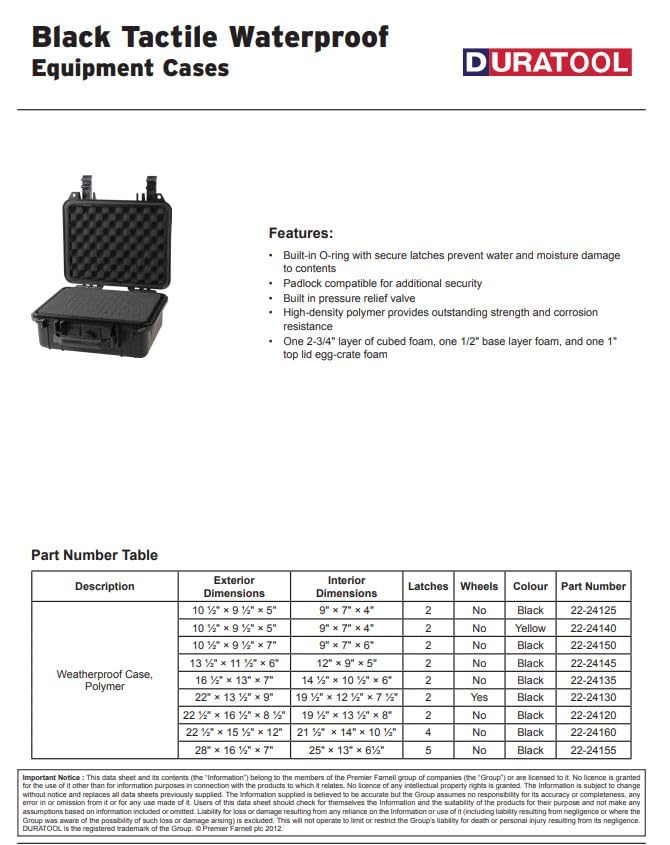 Large and Medium Size Weatherproof Equipment Cases, made of Polypropylene Plastic, Black with Foam Insert (13.5" X 11.5" X 6" (L x W x H))