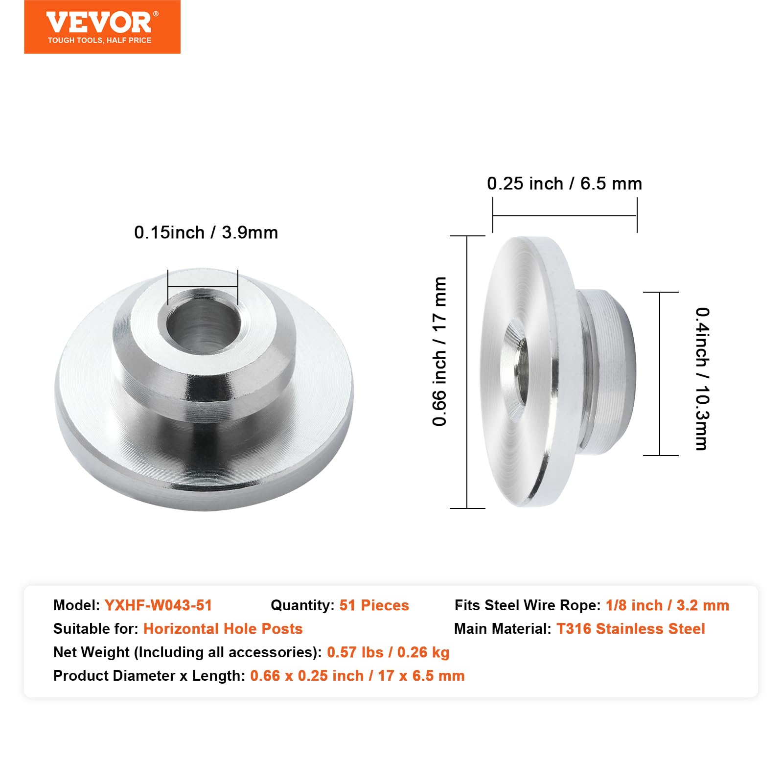 VEVOR Barandilla de cable 51 piezas fundas protectoras de rueda de 1/8", tensor de terminal invisible de 1/8", cubiertas protectoras para poste de barandilla de cable, poste de orificio horizontal