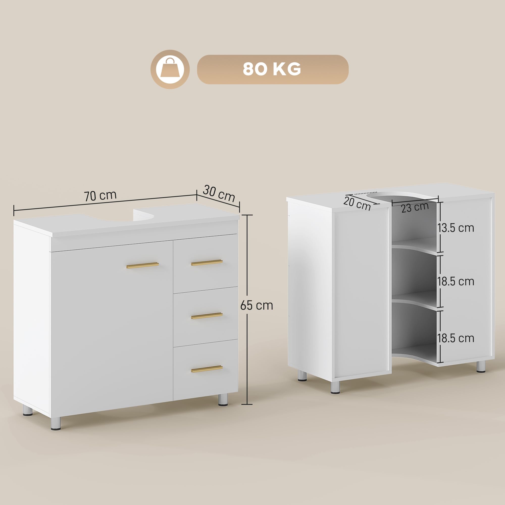 HOMCOM Mobile Sottolavabo per Bagno con 3 Cassetti, Armadietto a 3 Ripiani e Soft Close, Mobiletto Sottolavabo Salvaspazio con Intaglio a U, per Lavabi con e Senza Piedistallo, 70x30x65cm, Bianco