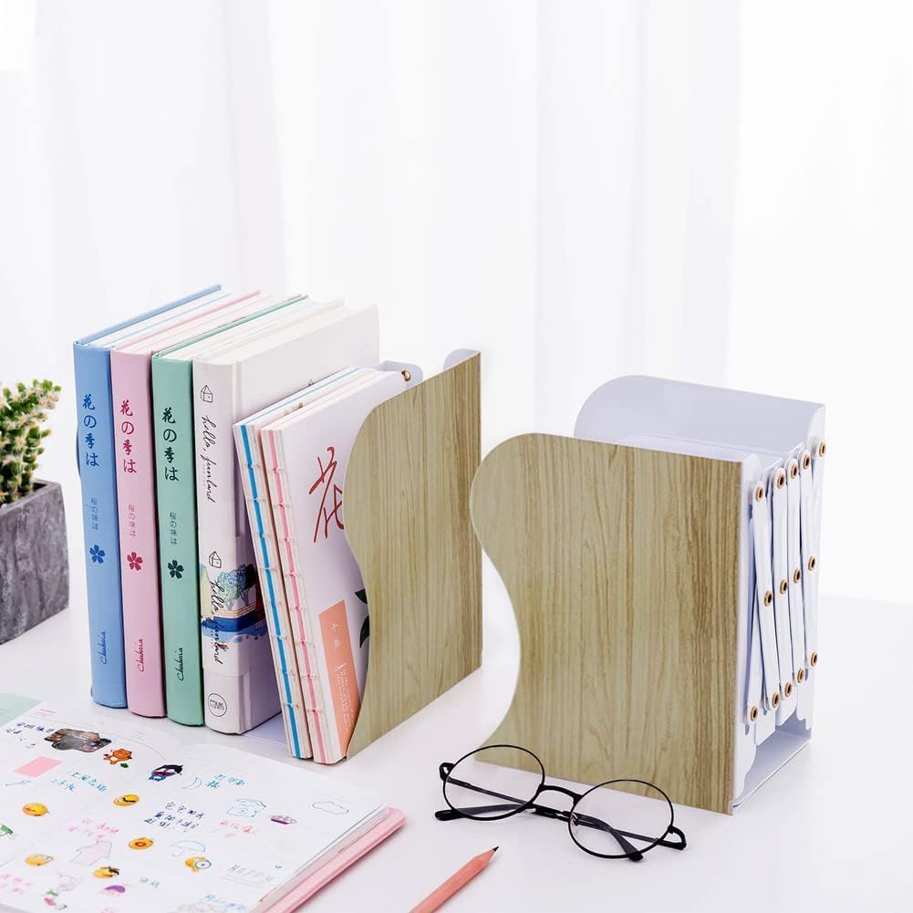 DIFIT Buchstütze, Verstellbar Buchstützen, Metall Bücherstützen, Erweiterbare Bücherhalter, Bücherstütze für Regal, Holzimitation Buchstützen Metall für Schreibtisch(1Stück)