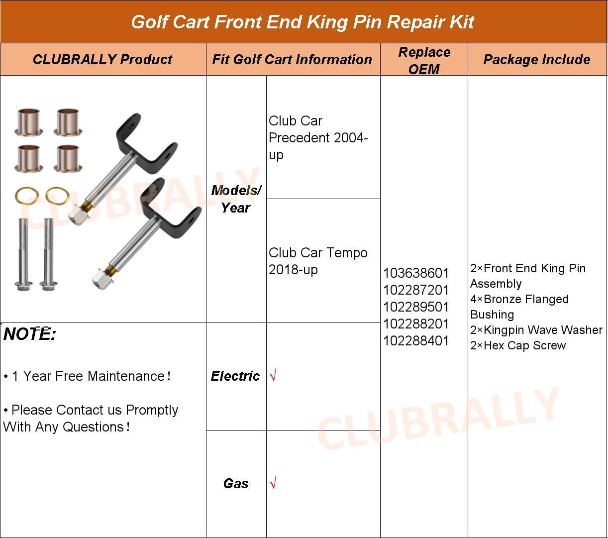 Golf Cart Front End King Pin Repair Kit for 2004-UP Club Car Precedent and 2018-Up Tempo Gas & Electric Golf Cart, OEM#103638601,102287201