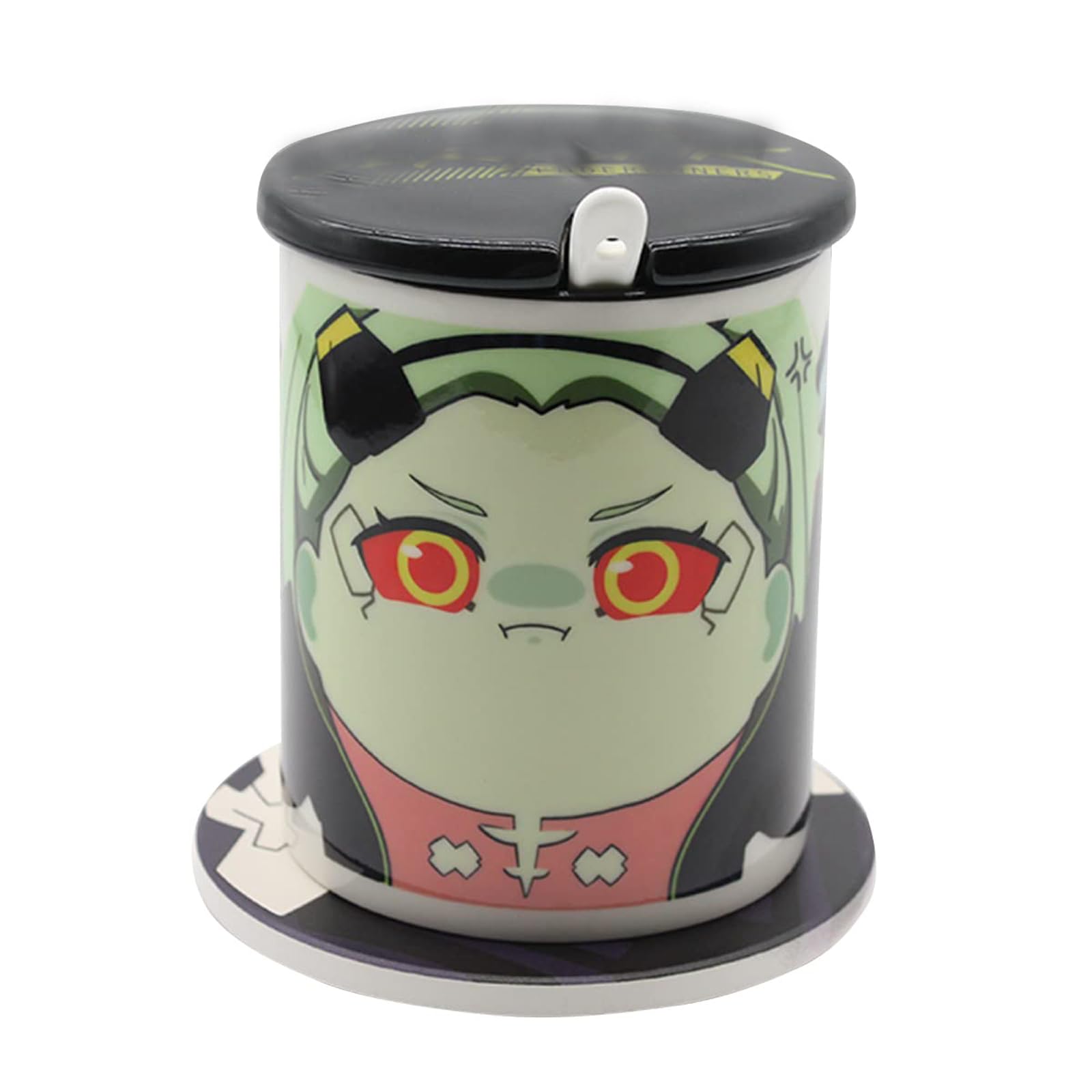 Generic Edgerunners Anime Mug Adam Smasher & Rebecca, Schwarzes Kaffeetassen-Set (Schwarze Keramik-Tasse, Deckel, 0.5 Liter)