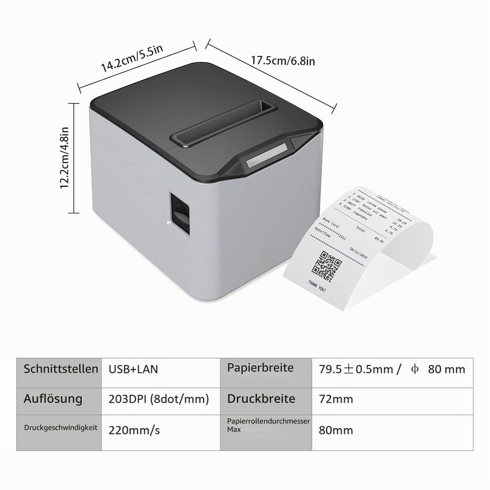 Bisofice Thermodrucker Bondrucker 80mm, Belegdrucker mit ESC/POS, Quittungsdrucker unterstützt Automatisches Schneiden (220 mm/s, USB + Ethernet-Anschluss)