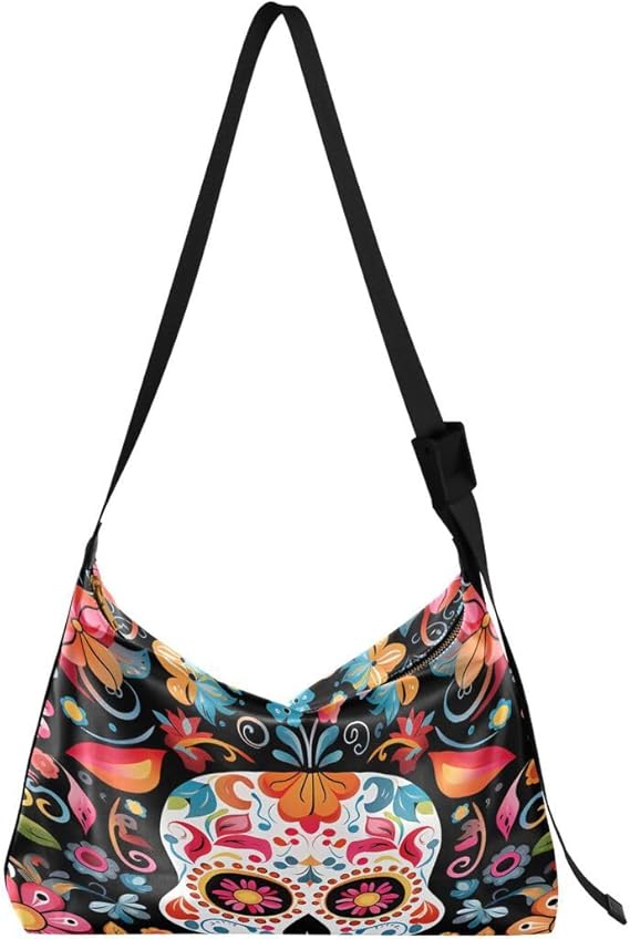ALAZA Halloween Sugar Skull Flower Floral Butterfly Women's Leather Hobo Handbag Shoulder Bag Crossbody Casual Large Tote Bag Purse